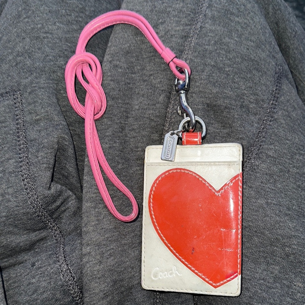 Coach Heart ID Holder / card holder silver hardware with Pink Leather strap
